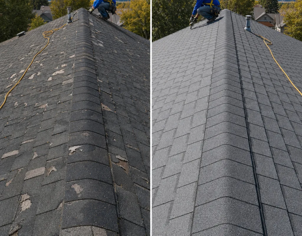 Before-and-after comparison of a Fort Collins roof with damaged shingles and completed targeted repairs