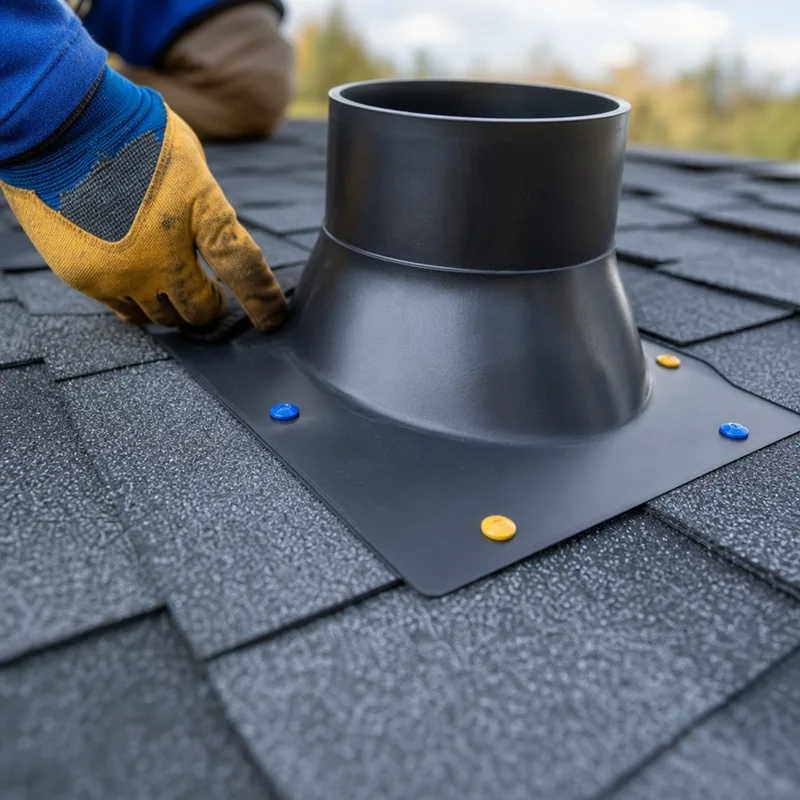 New plumbing vent boot with correctly overlapped shingles and sealed fasteners