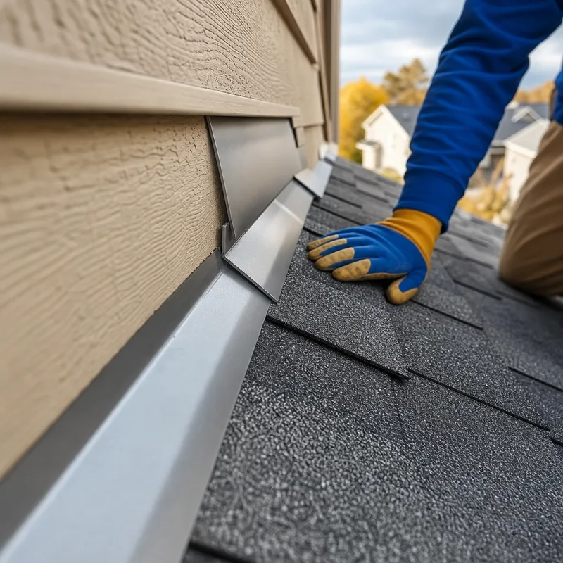 Properly installed step flashing and counterflashing at a roof-to-wall transition on a Fort Collins home
