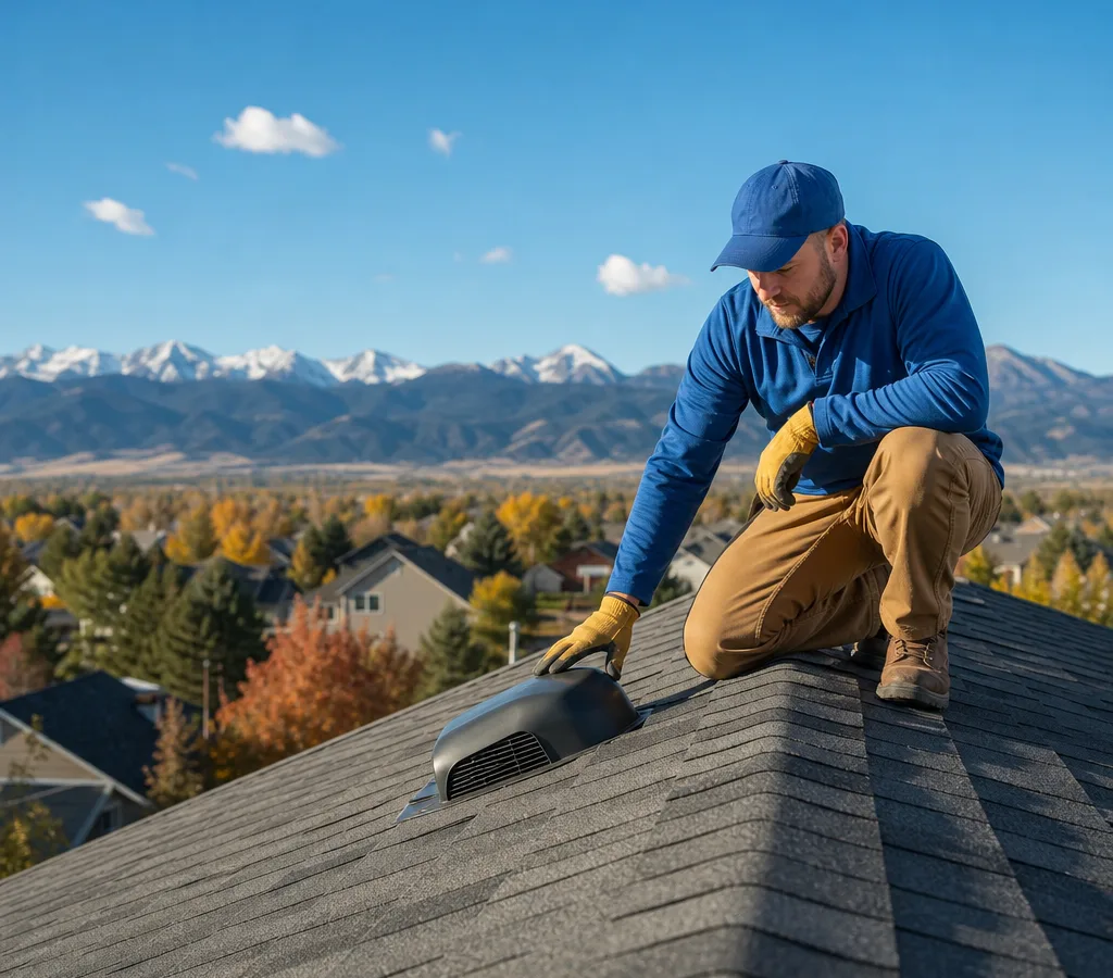 Fort Collins roofer inspecting an asphalt-shingle roof near a roof vent with the Front Range foothills in the distance