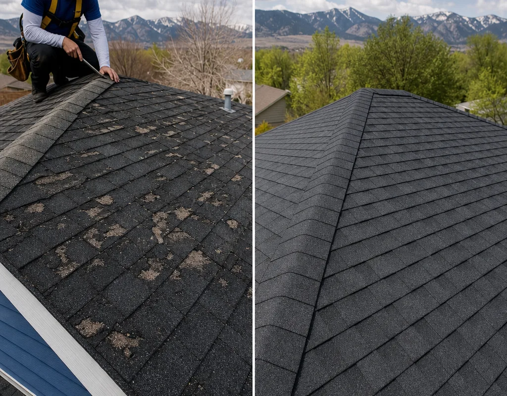 Before-and-after view of a hail-damaged asphalt roof replaced with architectural shingles