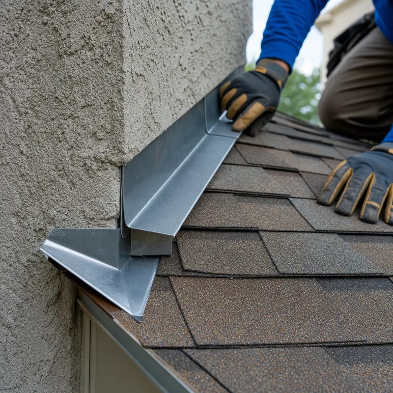 Correct step flashing and kickout flashing at a Fort Collins roof-to-wall intersection