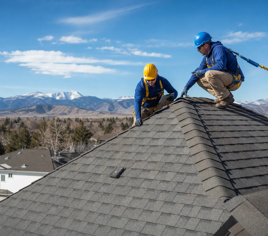 Fort Collins roofing crew inspecting a residential roof near the ridge with the foothills in the distance