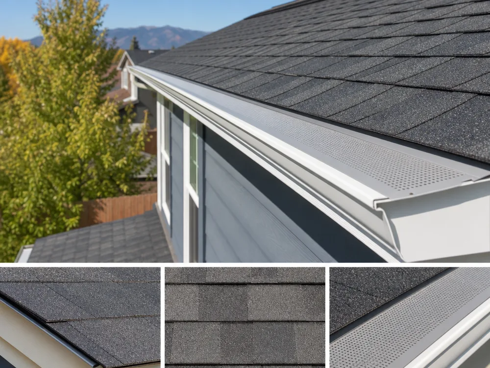 Finished roofline with drip edge, straight starter course, and protected gutters