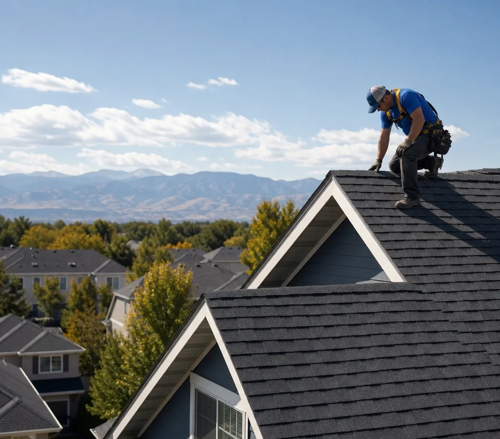 Fort Collins home with a recently installed asphalt shingle roof and a roofer inspecting near the ridge