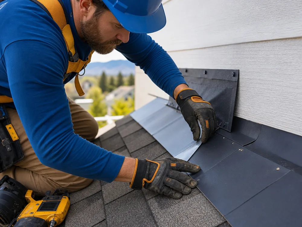 Roofer installing step flashing and underlayment at a roof-to-wall intersection on a Fort Collins home