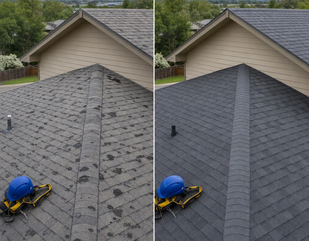 Before-and-after view of hail-damaged shingles replaced with architectural shingles and clean ridge details