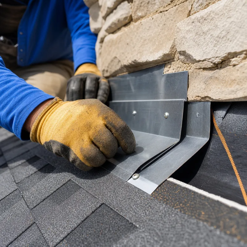 Close-up of correctly overlapped step flashing and counterflashing at a wall transition