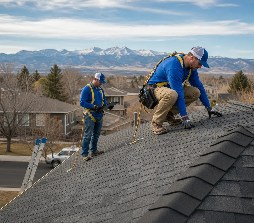 Fort Collins roofing crew inspecting a residential roof with properly set ladders and visible fall protection