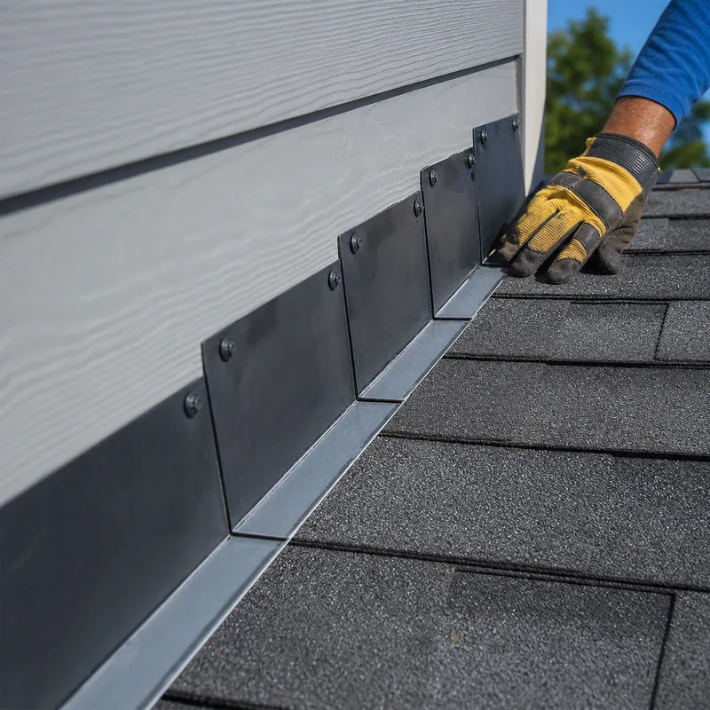 Properly installed step flashing and counterflashing at a roof sidewall