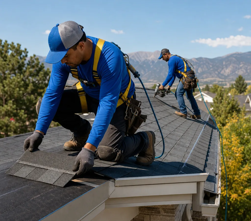 Roofing crew working safely on an asphalt shingle roof at a Fort Collins home