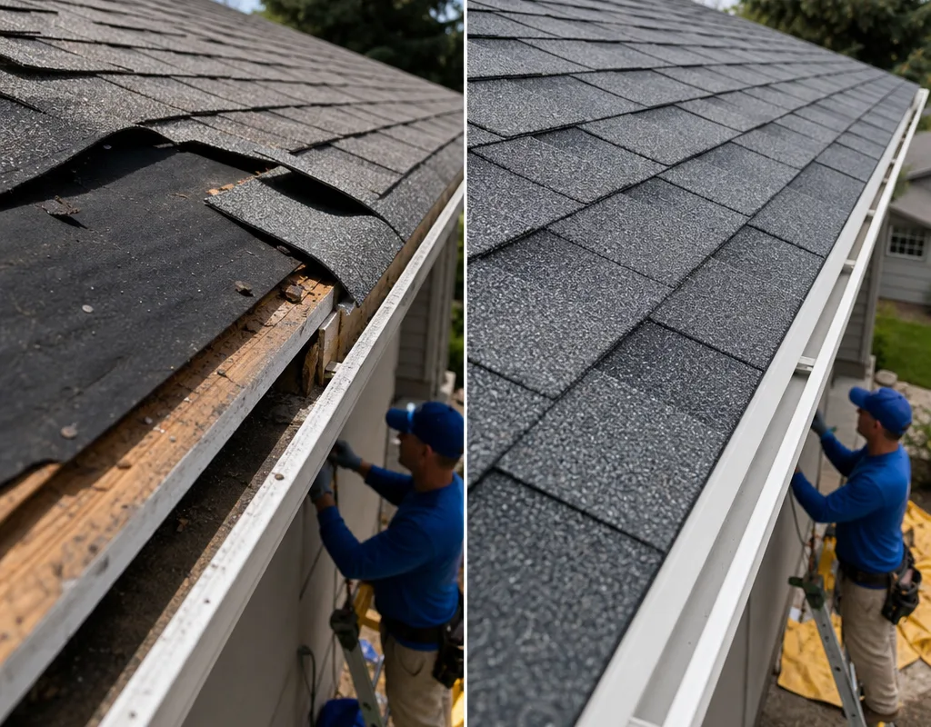 Before and after comparison of missing wind-lifted eave shingles replaced with matching shingles and correct fastening