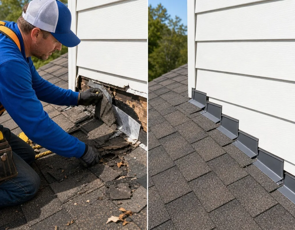 Before and after comparison of deteriorated wall step flashing corrected with properly lapped flashing and reinstalled shingles