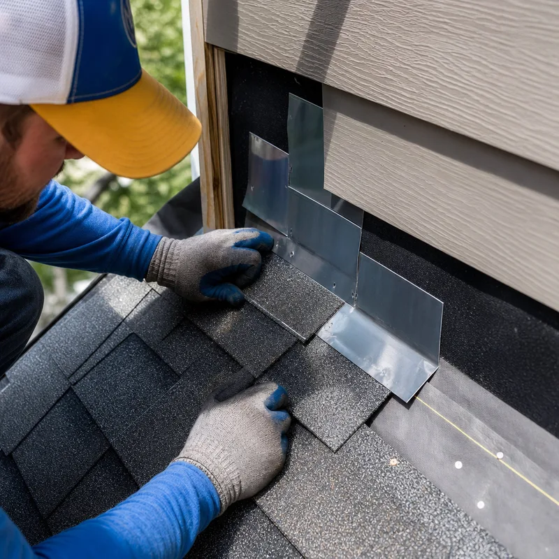 Roofer repairing properly lapped step flashing and underlayment at a roof-to-sidewall transition