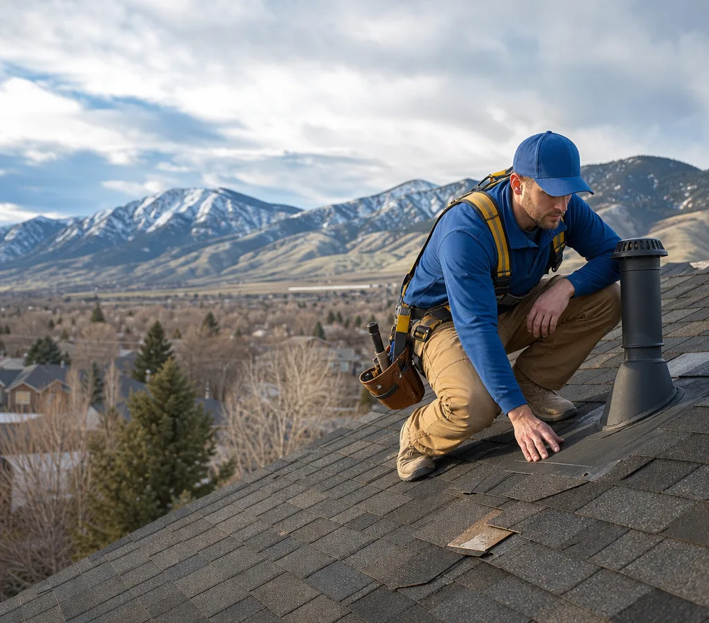 Fort Collins roofing technician inspecting an asphalt shingle roof valley, flashing, and missing shingles with foothills in the background