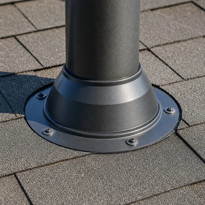 Purpose-made metal roof pipe boot correctly seated, sealed, and fastened