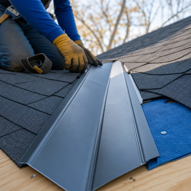 Properly installed metal roof valley with clean hems and the underlayment line visible before final trim