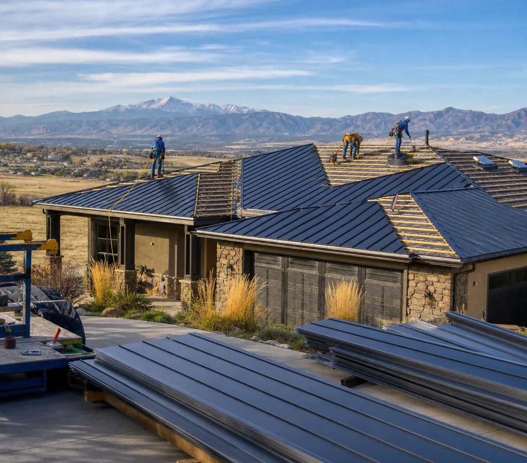 Metal roof installation in progress on a Northern Colorado home with panels staged neatly and a harnessed crew at work