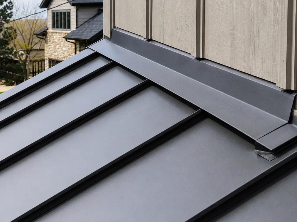 Standing seam metal panels with crisp seams, ridge cap, and correctly installed roof-to-wall flashing