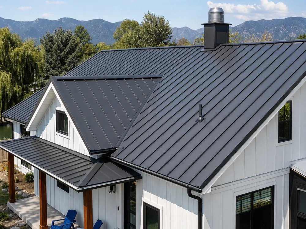 Finished standing seam metal roof on a Fort Collins home with straight panel lines and clean edge metal