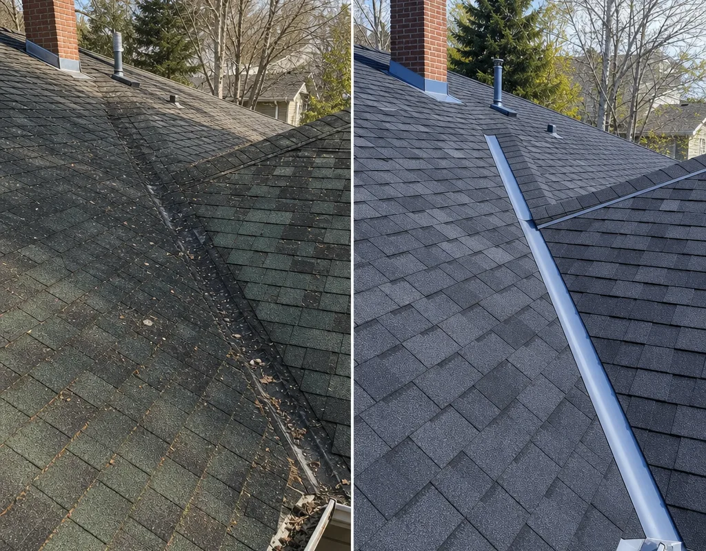 Before-and-after view of worn shingles and stained valleys followed by new shingles, clean valley lines, and new flashing