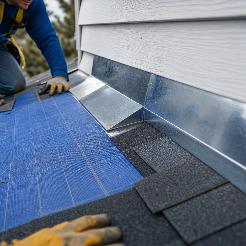 Properly installed step flashing at a roof-to-wall intersection with new underlayment and shingles staged nearby