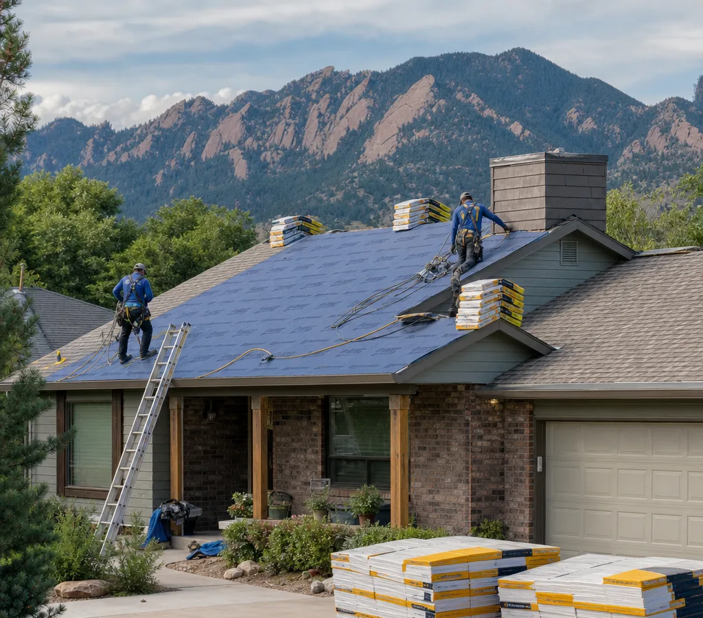 Fort Collins home during a roof replacement with underlayment visible, neatly staged materials, and the Front Range foothills behind it