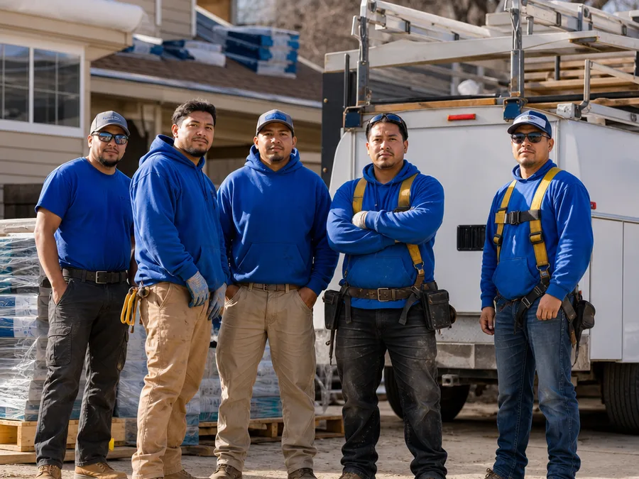Fort Collins Roofing crew beside their truck and roofing material staging area